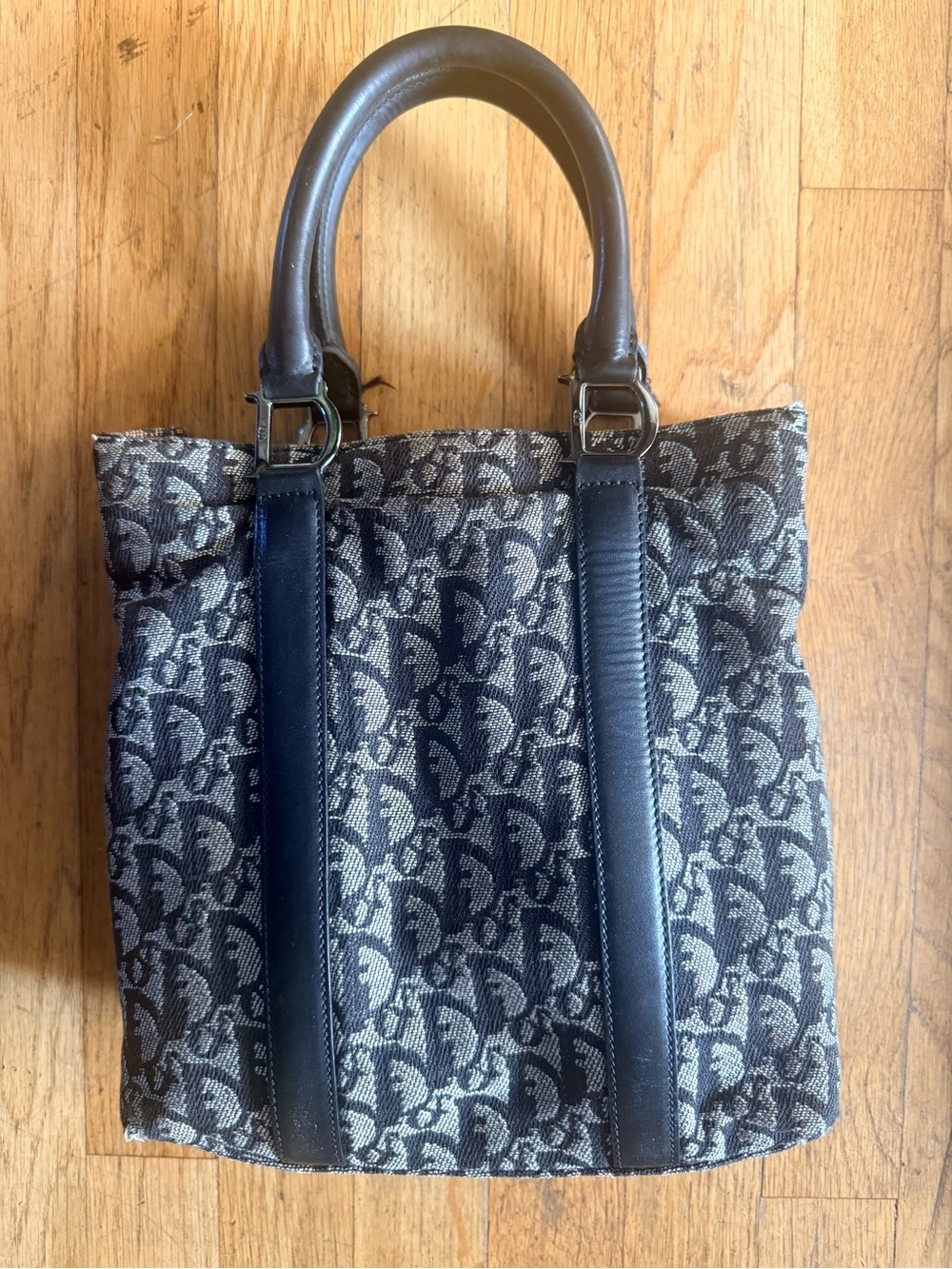 Dior Black and Gray Monogram Tote with calf leather Dark Blue Straps